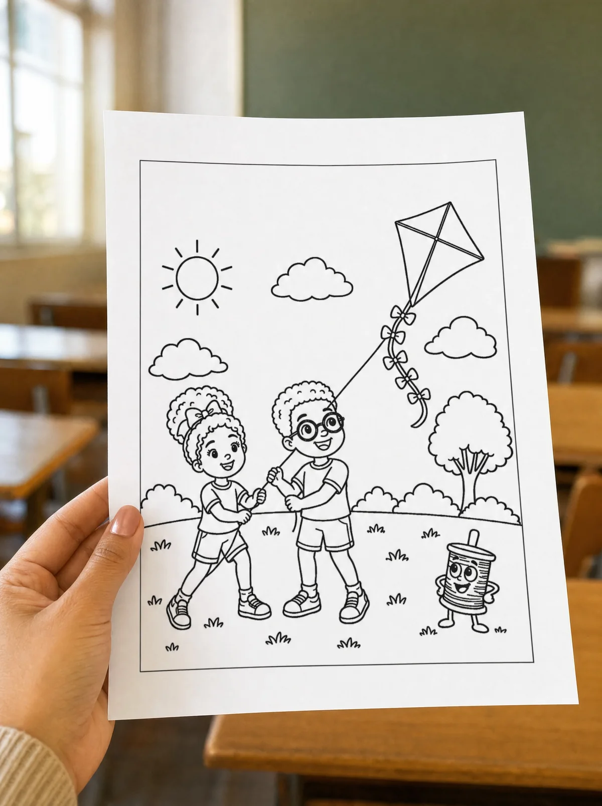 Mão segurando uma página do kit para colorir, com Bia e Téo soltando pipa, numa sala de aula