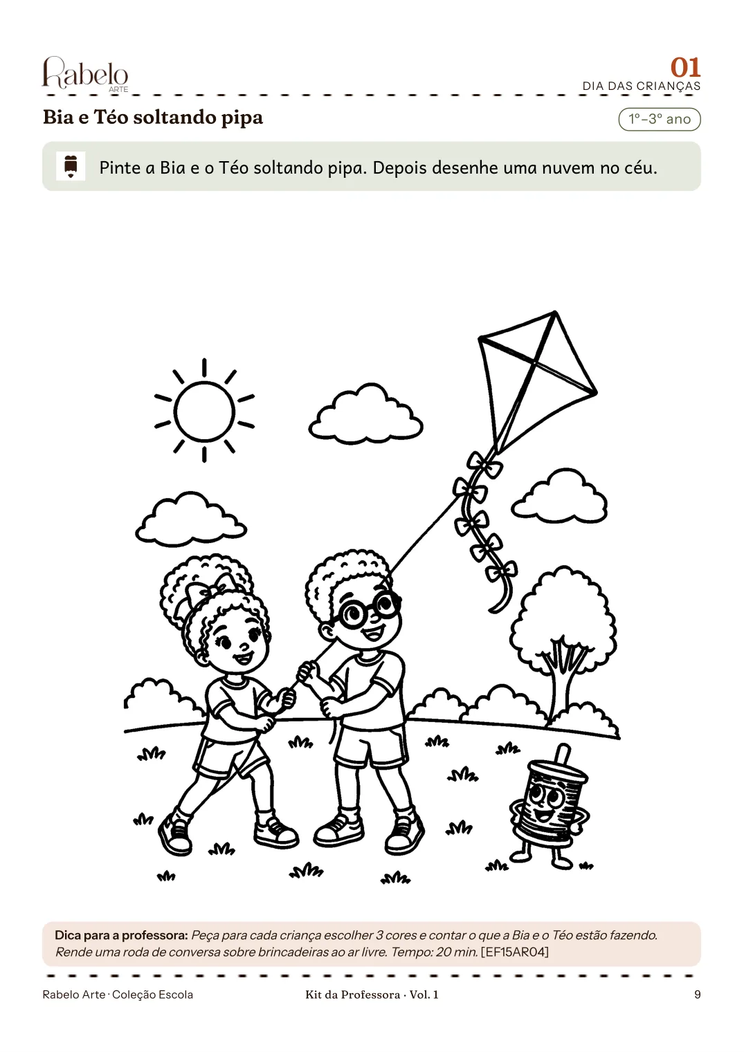 Página para colorir: Bia e Téo soltando pipa