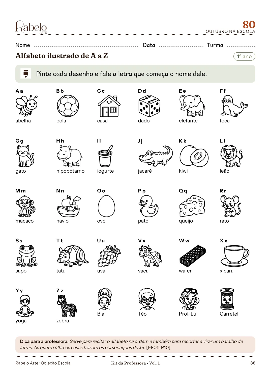 Alfabeto ilustrado de A a Z para colorir