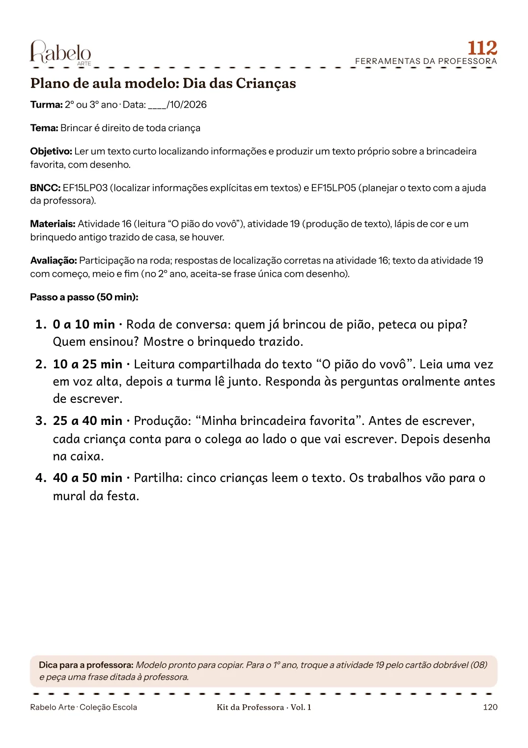 Plano de aula modelo do Dia das Crianças, preenchido